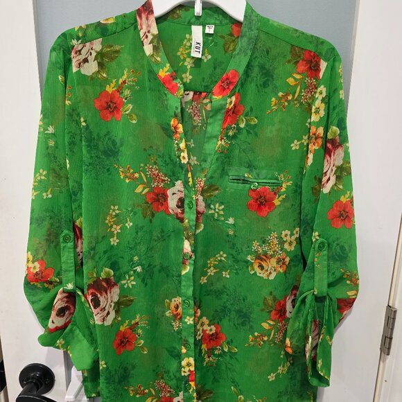 Kut from the Kloth Tops - Kut From The Kloth Green Floral Button Up Blouse Women’s Large Sheer